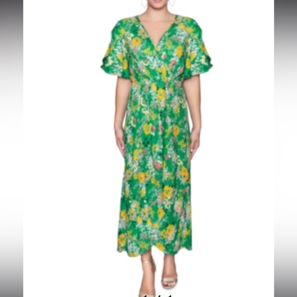 Rachel Rachel Roy Floral Printed Faux Wrap Midi Kelly Green Combo Dress M - Picture 1 of 13